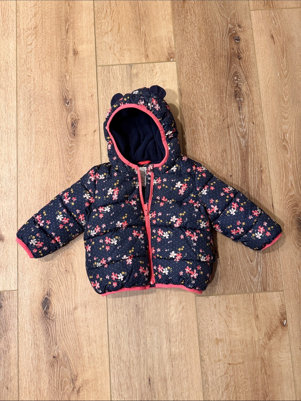 Baby Gap | Toddler Floral Puffer Jacket with Hood | Navy & Pink | size 18-24 M